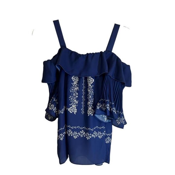 Self-portrait Flower Spell Off The Shoulder Printed Georgette Top Blue - Picture 3 of 4